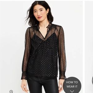 LOFT Shimmer Ruffle Tie Neck Blouse